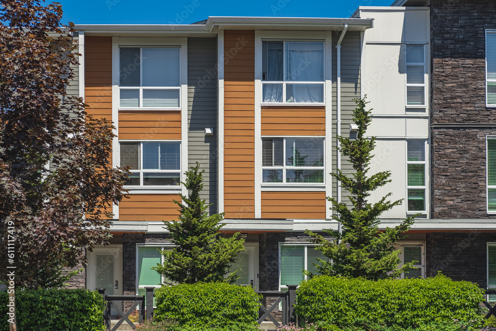 New Modern Apartment Buildings in Vancouver BC. Canadian modern residential architecture on sunny summer day