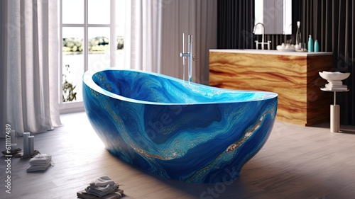 Breathtaking bathtub in blue, which is amazingly cool and will brighten up the atmosphere of your apartment, because honestly, who has a blue epoxy bathtub? Generative AI Technology 