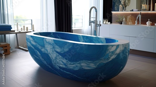 Breathtaking bathtub in blue, which is amazingly cool and will brighten up the atmosphere of your apartment, because honestly, who has a blue epoxy bathtub? Generative AI Technology 