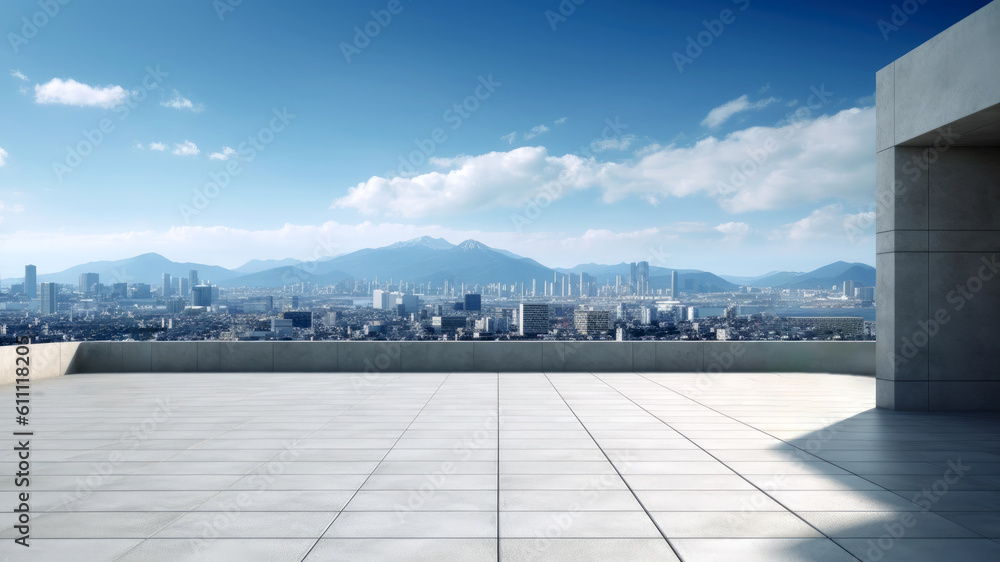 Empty marble floor and view cityscape of rooftop at blue sky. High quality photo