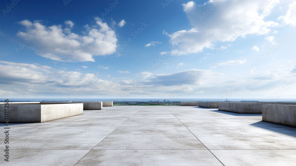 empty floor and blue sky with white clouds. perspective view over the city. High quality photo