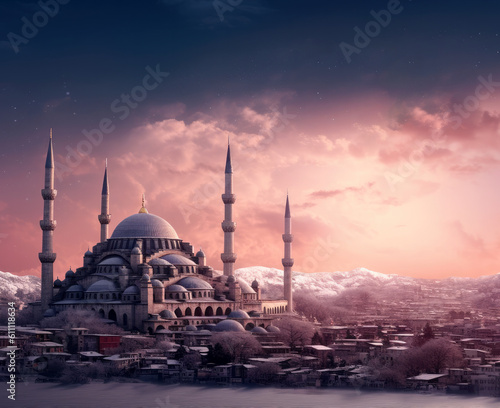 A mosque building with a majestic dome, set against a beautiful sky at sunset. High quality photo