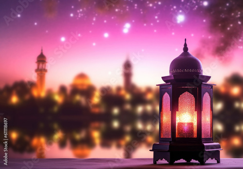 Arabic lantern on table over blurred mosque background, Ramadan Kareem concept. High quality photo