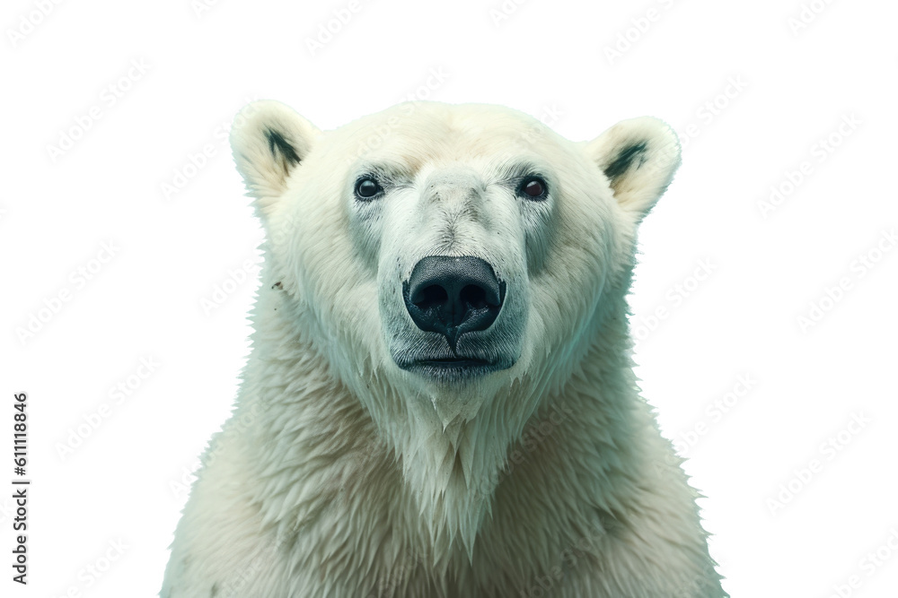 a majestic Polar bear portrait, frontal view, Wildlife-themed, photorealistic illustrations in a PNG, cutout, and isolated. Generative AI