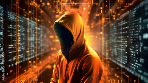 Internet crime concept. Hacker working on a code on digital background with digital interface around. Generative AI illustration