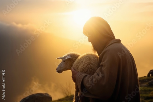 Canvas Print Shepherd Jesus Christ Taking Care of One Missing Lambp during Sunset