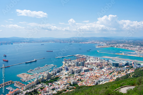 Aerial view of Gibraltar, Algeciras Bay and La Linea de la Concepcion from the Upper Rock. View on coastal city from above