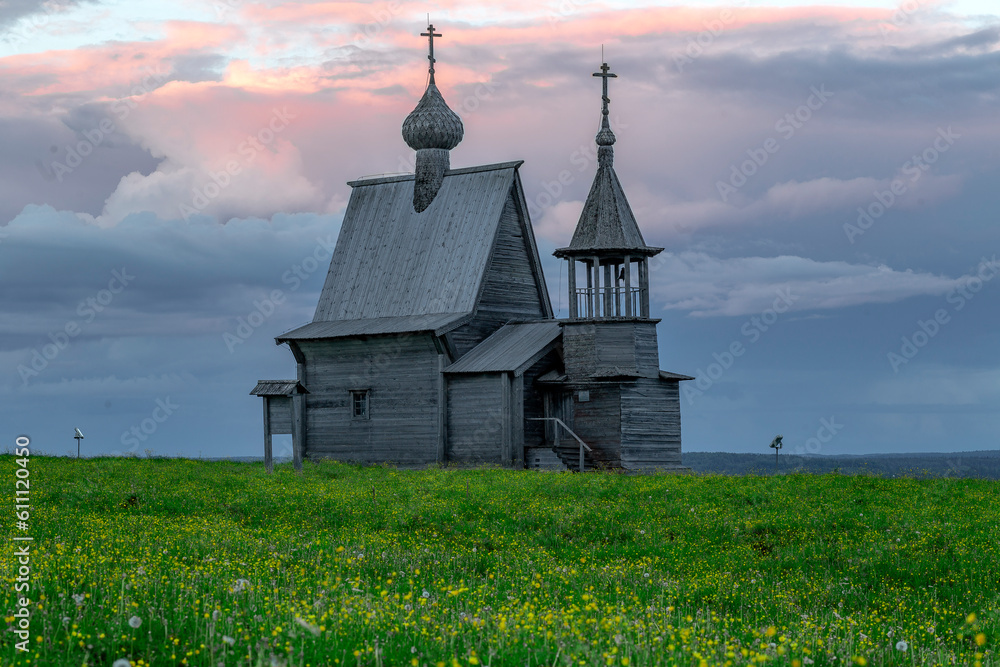 Fototapeta premium Russian Traditional Wooden Church (Chapel) Of St.Nicholas On The Top Of Hill In The Vershinino Village. Kenozero Lake,Kenozersky National Park.