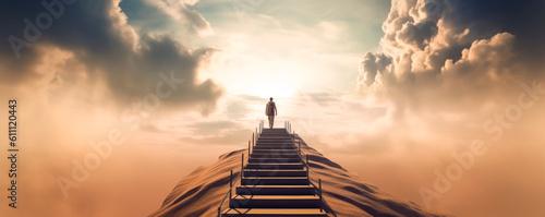 Captivating image of man ascending endless ethereal stairs to sky and paradise, surrounded by otherworldly landscape. Emotionally stirring & unique visual. Generative AI photo