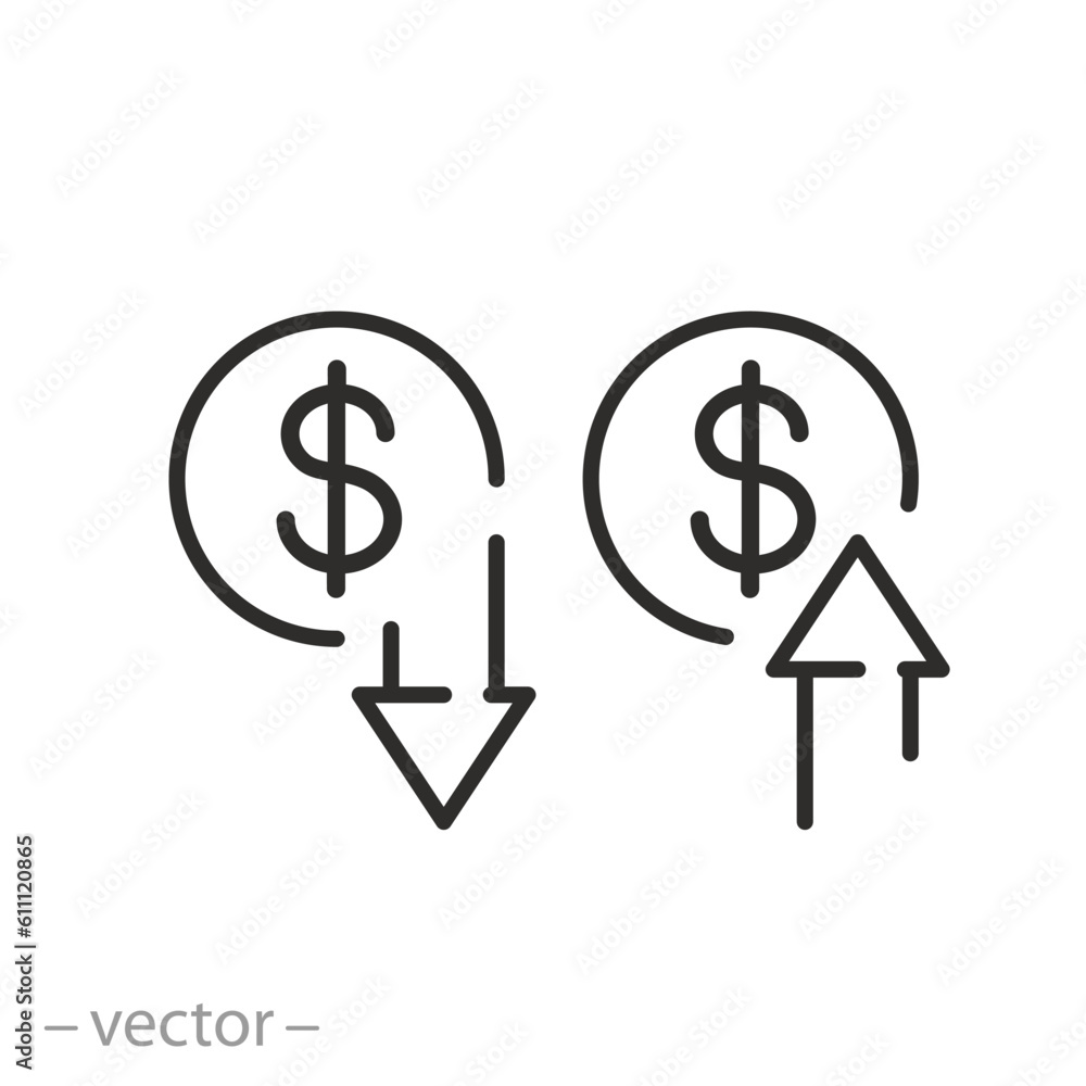 indicators of the financial crisis icon, up down arrows, growth loss dollar, line symbol on white background - editable stroke vector illustration eps10 indicators of the financial crisis icon, up down arrows, growth loss dollar, line symbol on white background - editable stroke vector illustration eps10