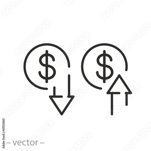 indicators of the financial crisis icon, up down arrows, growth loss dollar, line symbol on white background - editable stroke vector illustration eps10