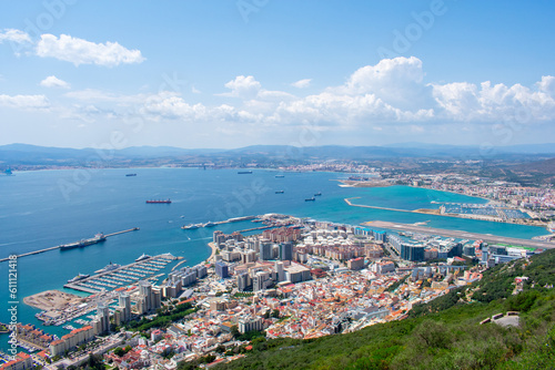 Aerial view of Gibraltar, Algeciras Bay and La Linea de la Concepcion from the Upper Rock. View on coastal city from above