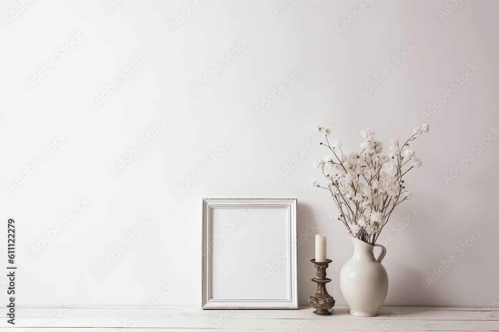 a table with an empty picture frame on a white background serving as a product display Generative AI