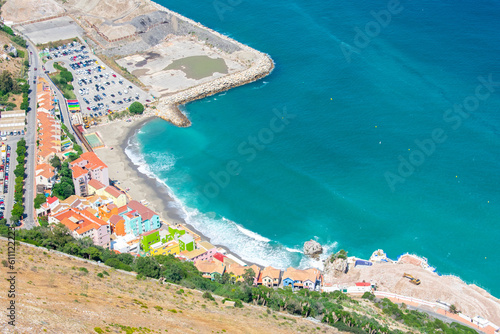 Aerial view of Gibraltar, Algeciras Bay and La Linea de la Concepcion from the Upper Rock. View on coastal city from above