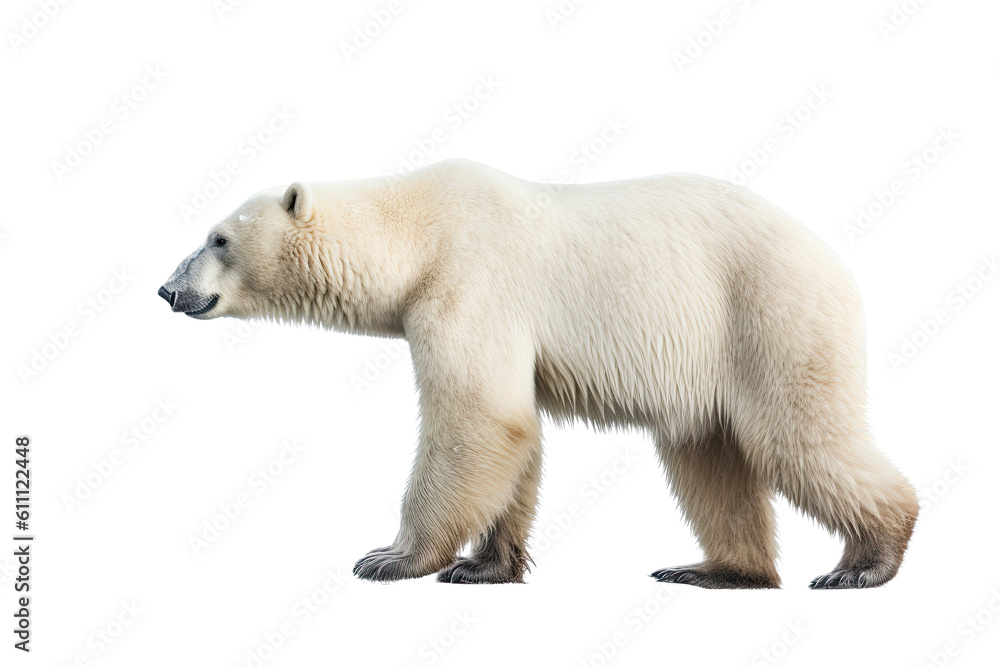 Fototapeta premium a majestic Polar bear in motion, side view, running, trotting, Wildlife-themed, photorealistic illustrations in a PNG, cutout, and isolated. Generative AI