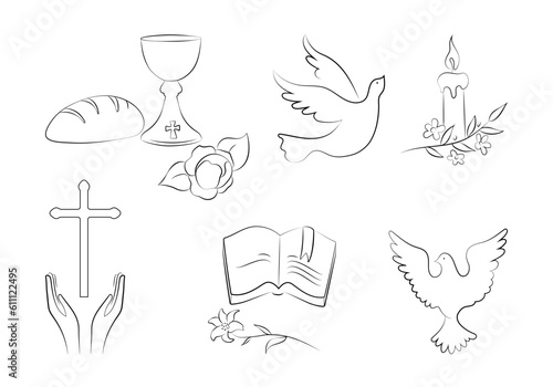 set of christianity icons; dove, holy communion, cross, chalice and bread, bible, lily, candle and hands - vector illustration