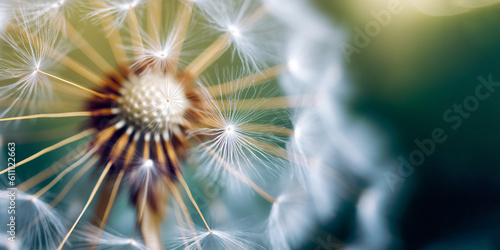 Dandelion flower with flying seeds closeup as Freedom to Wish. Generative Ai