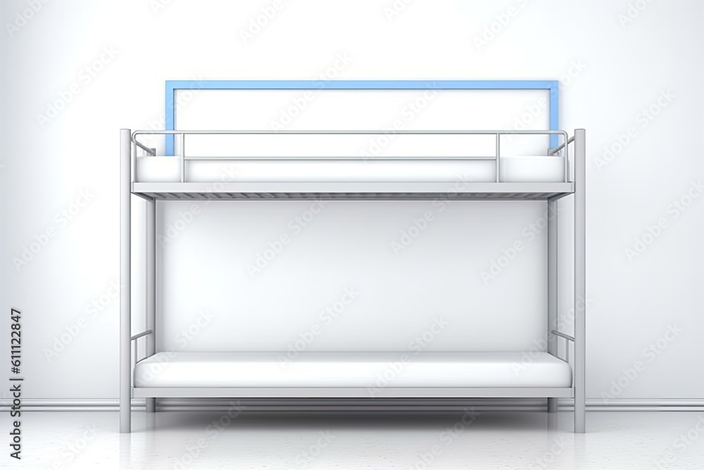 Wide horizontal mock up poster frame with space on the right side, Scandinavian-style bunk bed with baby blue linen, Generative AI Wide horizontal mock up poster frame with space on the right side, Scandinavian-style bunk bed with baby blue linen, Generative AI