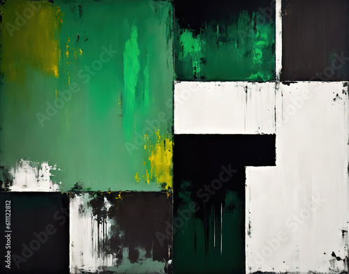 Constructivism dark grungy industrial style abstract art background or cover template. Black, white and green color palette. Generative AI artwork. 