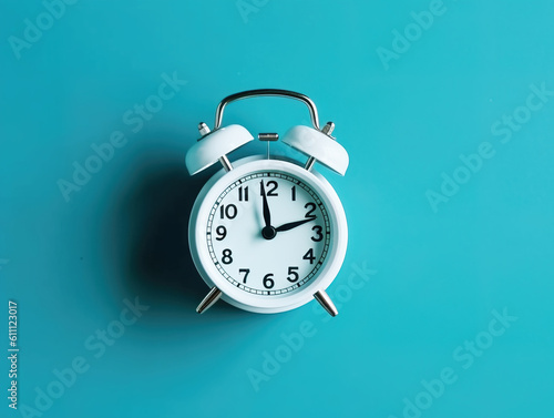 White vintage alarm clock on light blue color background. Generative AI.