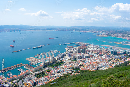 Aerial view of Gibraltar, Algeciras Bay and La Linea de la Concepcion from the Upper Rock. View on coastal city from above