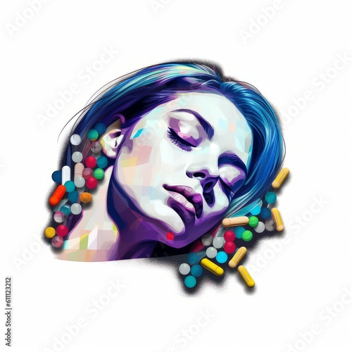 Sleeping pills, good sleep. sleeping girl on white background poster. Sleeping pills suppliments. Illustration. Ai generated photo
