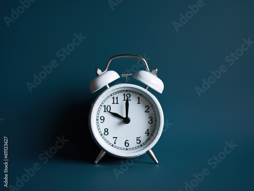 White vintage alarm clock on light blue color background. Generative AI