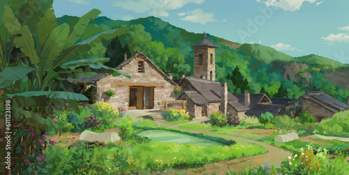 landscape of old house in the village with mountains in the background illustration