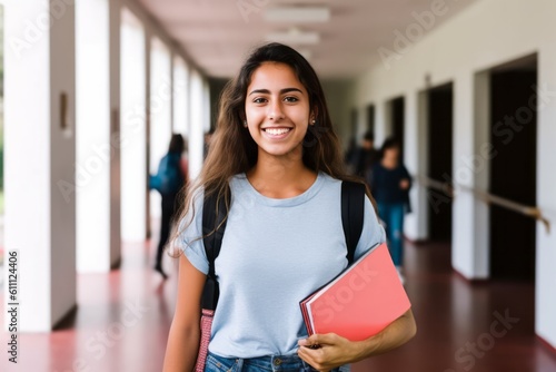 Confident Hispanic female high school student standing in a hallway, embodying the spirit of education and personal growth, generative ai