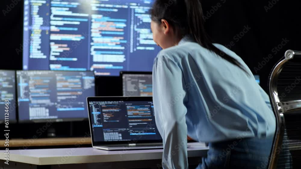 Back View Of Asian Female Programmer Walking Into The Working Space To ...
