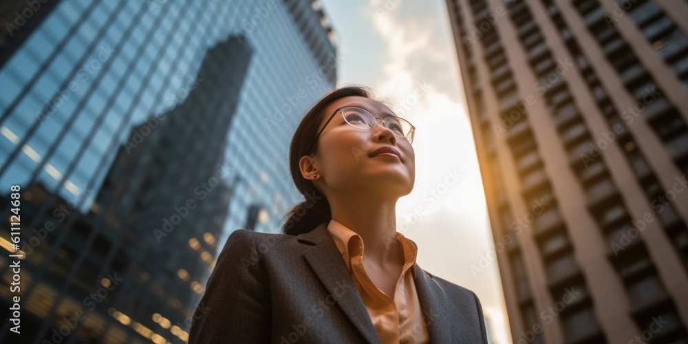 Fototapeta premium Happy wealthy rich successful asian businesswoman standing in big city modern skyscrapers street on sunset thinking of successful vision, dreaming of new investment opportunities. Generative AI