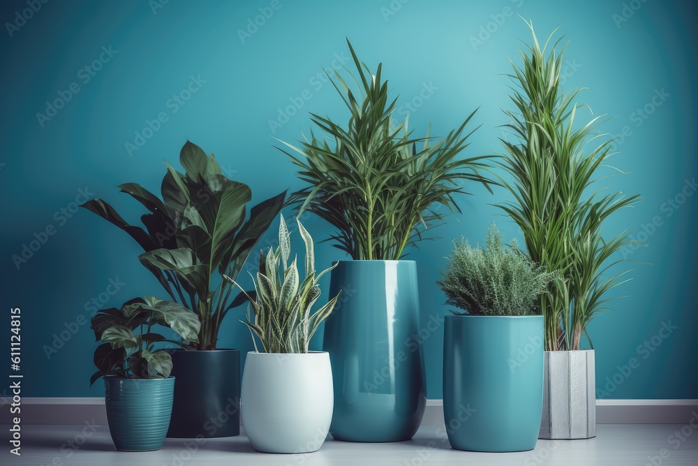 Plants in pots in interior, blue wall background. Generative AI Plants in pots in interior, blue wall background. Generative AI