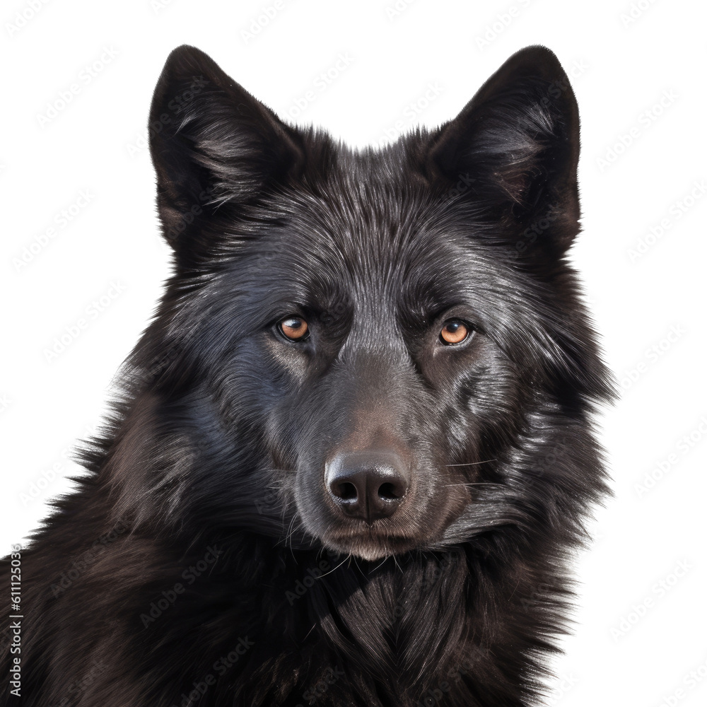 a portrait of a black wolf, frontal view in an isolated transparent PNG, photorealistic illustration. Generative ai a portrait of a black wolf, frontal view in an isolated transparent PNG, photorealistic illustration. Generative ai