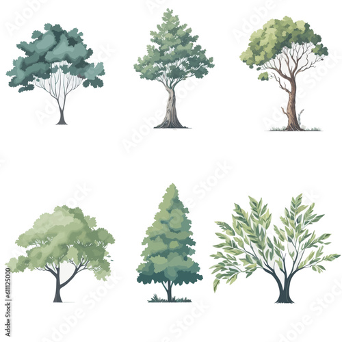 Minimal style tree painting hand drawn. Tree watercolor vector illustration. Set of graphics trees elements drawing for architecture and landscape design. White background