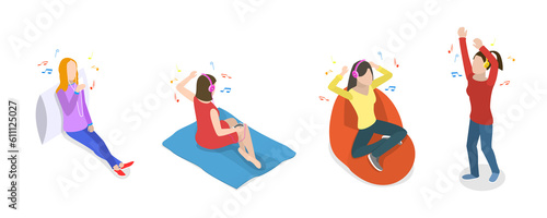 3D Isometric Flat  Conceptual Illustration of Music Enjoyment