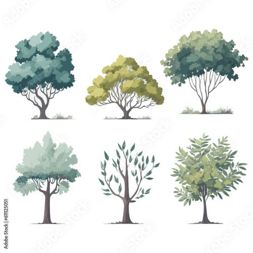 Minimal style tree painting hand drawn. Tree watercolor vector illustration. Set of graphics trees elements drawing for architecture and landscape design. White background © MYKHAYLO