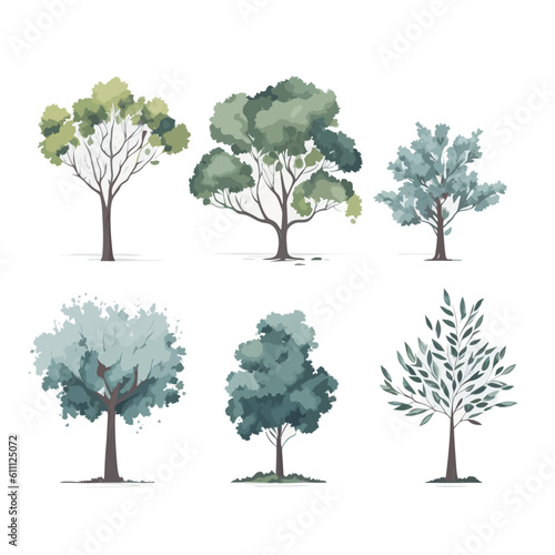 Minimal style tree painting hand drawn. Tree watercolor vector illustration. Set of graphics trees elements drawing for architecture and landscape design. White background