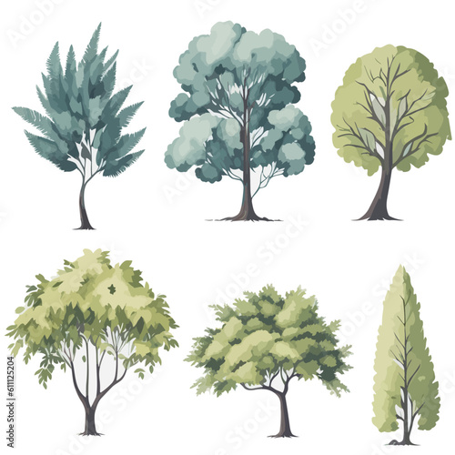 Minimal style tree painting hand drawn. Tree watercolor vector illustration. Set of graphics trees elements drawing for architecture and landscape design. White background
