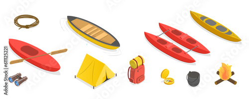 3D Isometric Flat Set of Kayaking