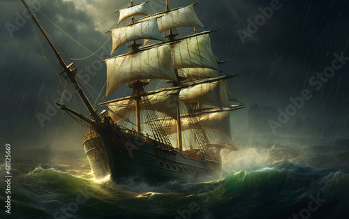 Old Wooden Sail Gliding Through Big Waves