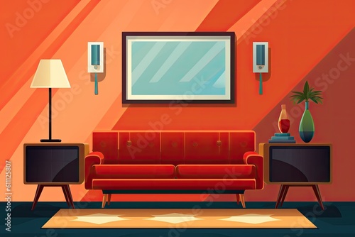 An illustration of a contemporary living room with a red sofa and a console cabinet on the wall Generative AI