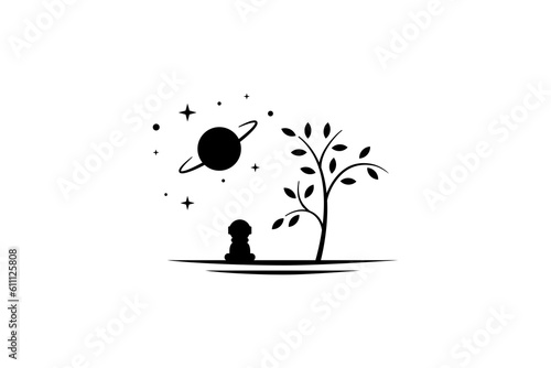 Vector illustration of a logo design of a boy wearing an astronaut suit looking into space while sitting under a tree