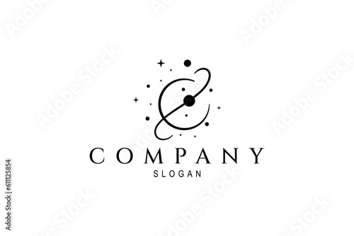 Planet logo design vector illustration with star decorated orbit