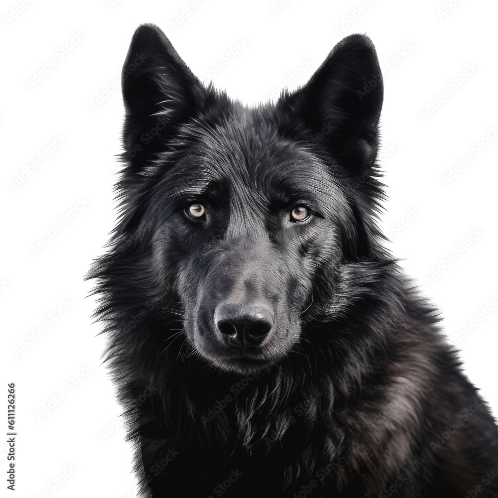 a mesmerizing Black Wolf portrait, Nature-themed, photorealistic illustrations in a PNG, cutout, and isolated.