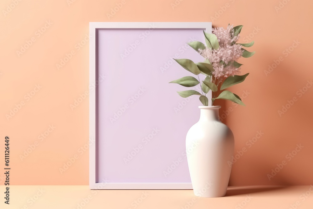 blank poster with a window and a flower in a ceramic vase sunshine against a pale violet background Generative AI blank poster with a window and a flower in a ceramic vase sunshine against a pale violet background Generative AI