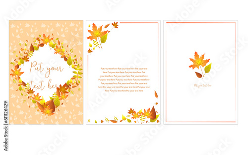 set de ilustraciones vectoriales con tematica de hojas de otoño, para invitaciones cartas o postales, papeleria plantilla photo