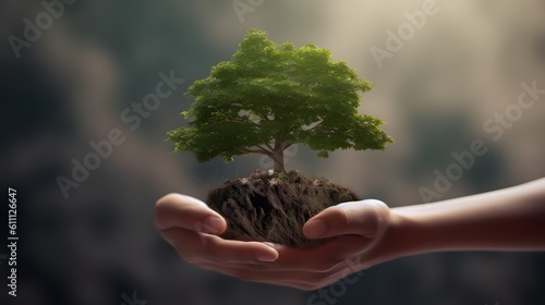 Hand holding a tree together. Image of respect for the environment.