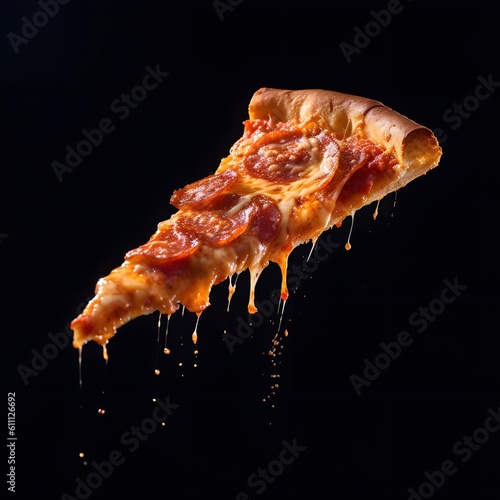Slice of pizza floating on dark background.