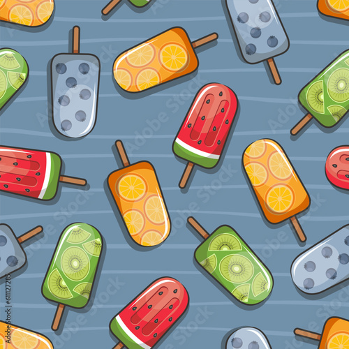 Seamless Pattern Of Fruit Popsicle, Summer Ice Cream. Cartoon Illustration