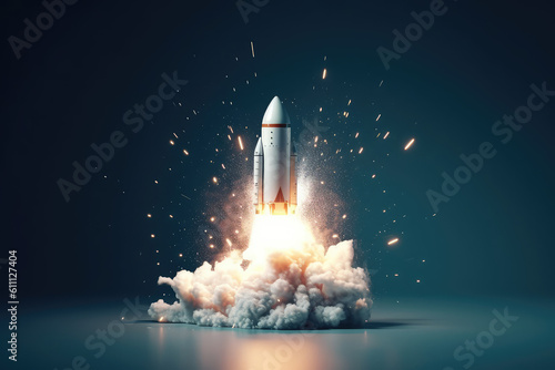 The rocket takes off upwards leaving clouds of smoke underneath, isolated on dark blue background with copy space. Concept of science, space travel, space exploration. Generative AI photo imitation